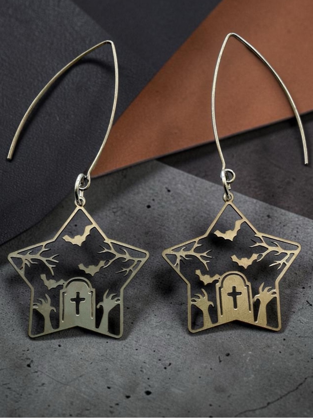 🆕 Star Shaped Cemetery with Tombstone Zombie Hands and Bats Laser Cut Earrings